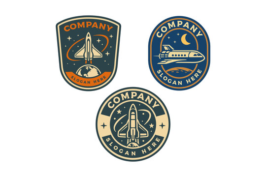 Space shuttle rocket retro badge logo design set for aerospace. Rocket launch vintage patch sticker pack for exploration. Spacecraft orbital vehicle rustic emblem element designs for futuristic