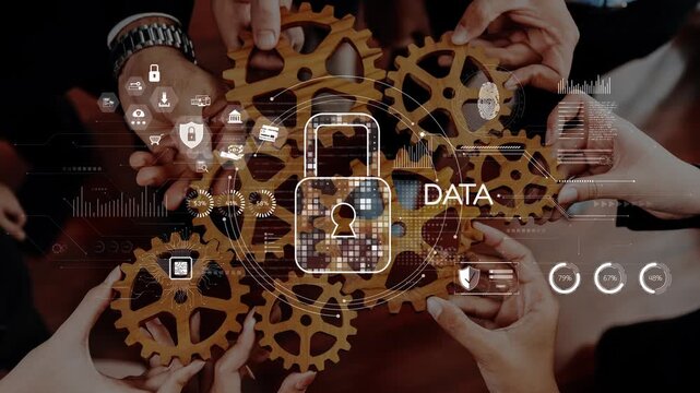 Image depicting hands working together with gears and a lock symbol, symbolizing data security and teamwork in a modern tech-savvy business environment. Raster