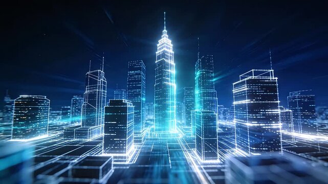 Futuristic virtual city skyline with glowing blue towers