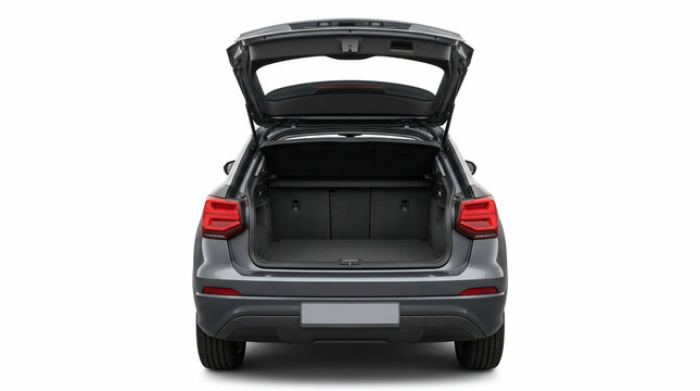 Gray car with open trunk space.