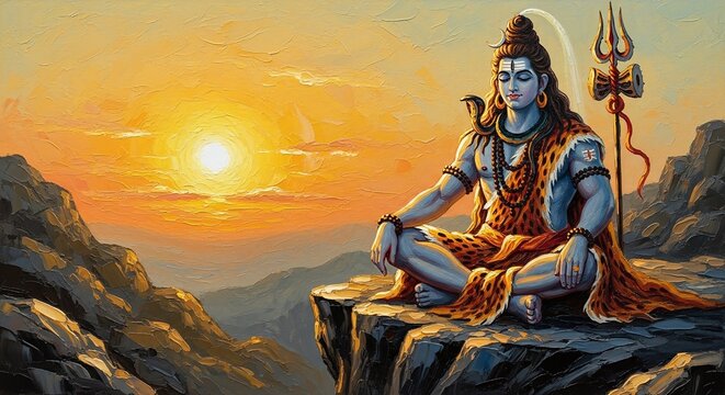 Shiva Meditation on Mountain Cliff at Sunset.