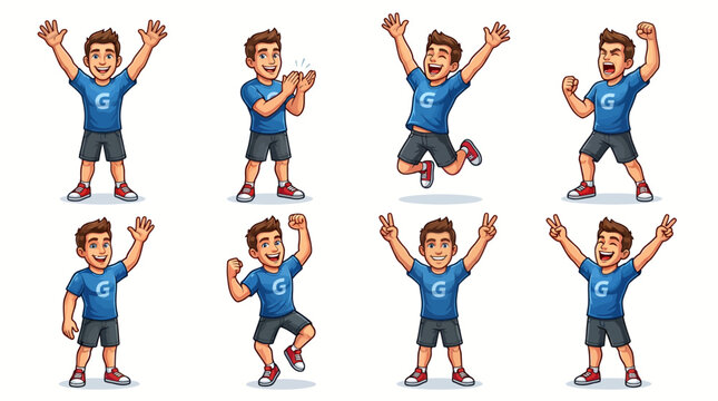 Cheerful Young Man Cartoon Character Mascot Set in Various Poses Including Jumping Cheering and Clapping Isolated on White Background for Graphic Design Assets