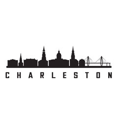 Fototapeta premium Charleston skyline icon in simple black and white style, featuring a minimalist silhouette of historic buildings, church steeples, and a bridge. Designed with clean solid black shapes on a white backg
