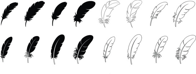 Black feather silhouettes and outline sketches set isolated on white background, decorative quill illustration collection for creative design projects © Arifa