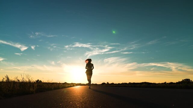 silhouette sports girl running legs along road sunset, marathon race, professional runner stadium, marathon training, woman running under sunlight, man running with effort, jogging exercise