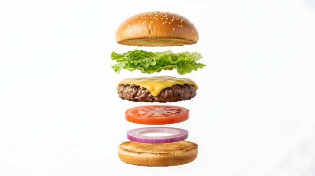 Deconstructed burger with beef patty and fresh ingredients isolated PNG, delicious fast food on transparent background