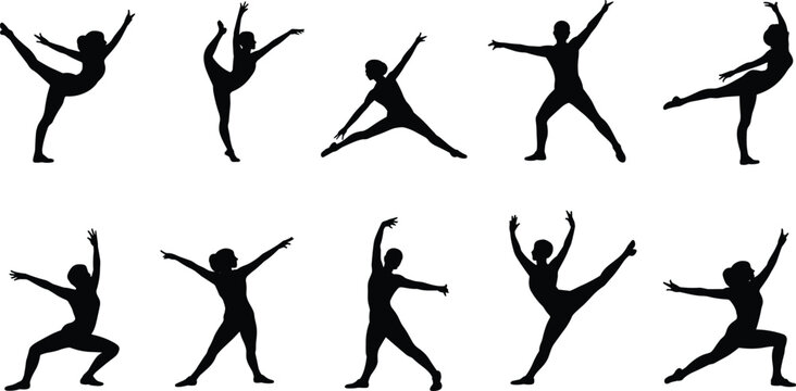 Collection of dancer silhouettes performing ballet and modern dance poses dynamic movement figures isolated on white background vector set