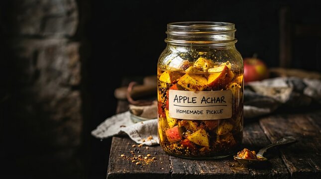 Homemade apple achaar in a glass jar, a flavorful preserved condiment