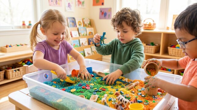 Children play with rice and colorful toys in a classroom setting happily together