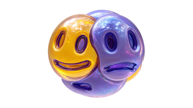 Abstract yin yang symbol embodying duality of emotions with smiling yellow and sad purple faces representing quantum superposition and conflicting feelings in a glossy spherical