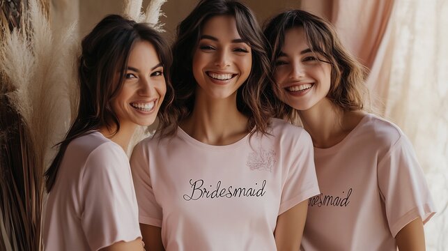 Wedding party customized shirt featuring elegant script font with Bridesmaid on the front in soft pastel colors styled for a coordinated bridal party look adding a touch of charm