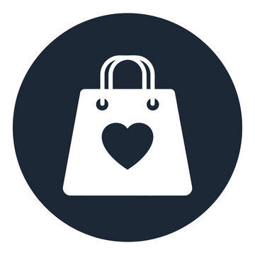 White shopping bag with heart on dark blue circle background icon