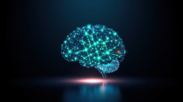 Polygonal brain illustration. Blue lines connect glowing points, forming cerebral cortex structure. Dark background enhances visual impact.