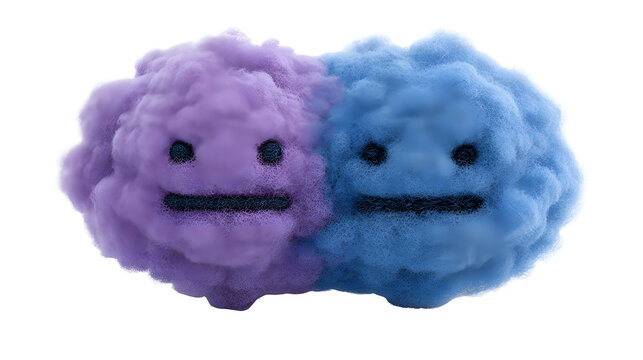 Cute fluffy cartoon style dual faced character representing quantum superposition or duality with one side purple and the other blue set against a clean white background evoking