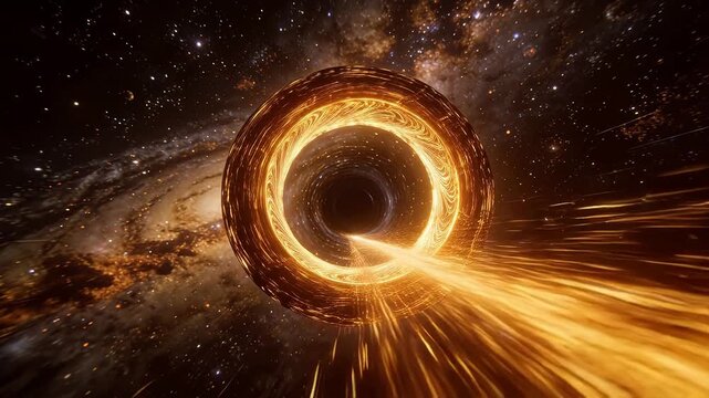 Cosmic ring structure with golden light beams in space galaxy