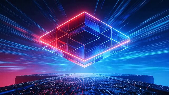 Floating neon cube with red blue lines over glowing platform