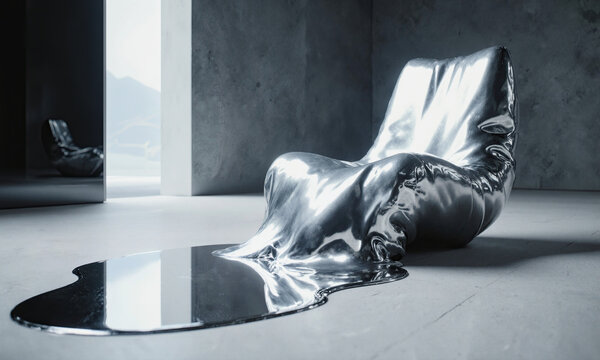 Liquid metal chair futuristic furniture programmable phase material melting in a minimalist concrete room with a sleek modern design