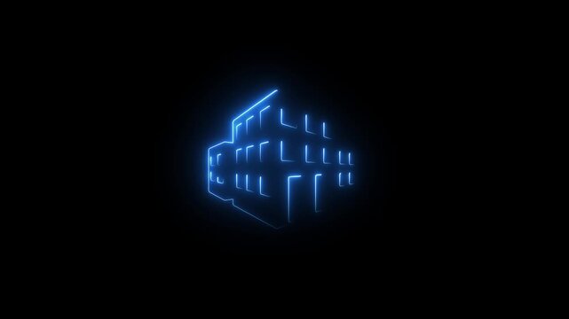 Blue neon outline of a3D building on black background