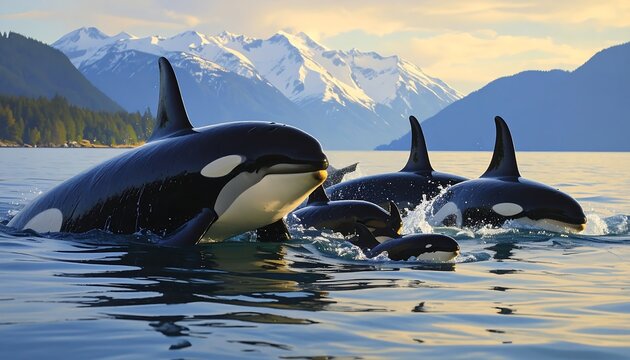 A serene scene of orcas swimming in a peaceful lake with majestic mountains