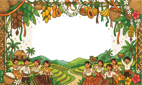 Filipino farmers celebrating Pahiyas festival with colorful kiping decorations and harvest dance in rice fields.