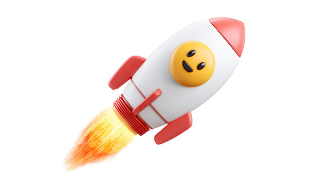 Joyful emoji rocket blasting off with fiery exhaust symbolizing new beginnings success and exciting upward momentum in a bright clean illustration style isolated on white