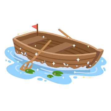 Small wooden rowing boat floating on blue water with lilies in a pond.