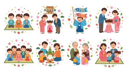Fototapeta premium Collection of Japanese families celebrating Shichi-Go-San and traditional rituals in kimono.
