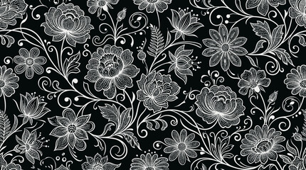 Monochrome Floral Lace Pattern on Black Background. © Kyle