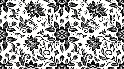 Intricate black floral damask pattern with bold blossoms and vines suitable for textiles, wallpapers, and graphic design. © Kyle