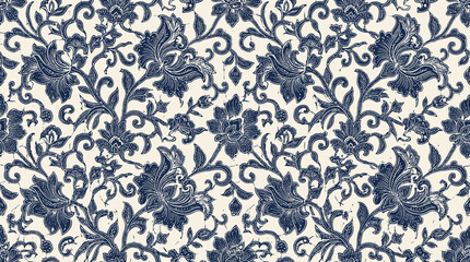 Intricate blue and white damask pattern textile design with floral motifs. © Kyle