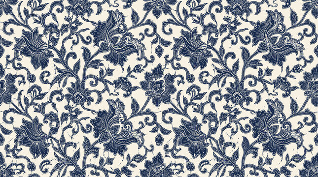Intricate blue and white damask pattern textile design with floral motifs.