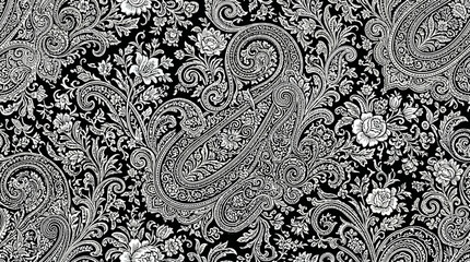 Intricate black and white paisley textile pattern with florals and ornate swirls for graphic design. © Kyle