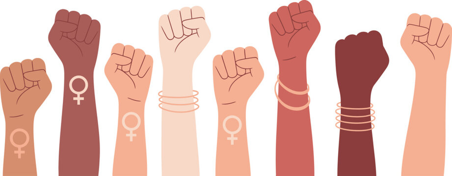 Women fist lift up, female power illustration, vector artwork symbolizing strength, empowerment, equality, and solidarity, ideal for social movements, awareness campaigns, and inspirational design 