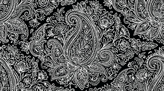 Intricate black and white paisley pattern with damask motifs and arabesque swirls on textile background.