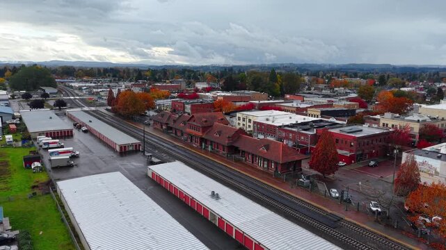 Aerial View of Suburban Town with the Centralia Train Station in Autumn under Cloudy Sky