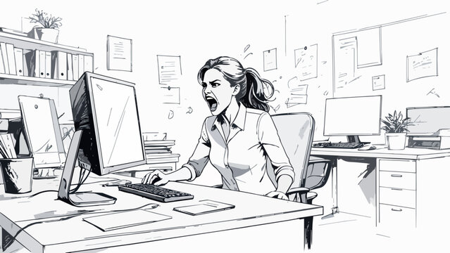 Stressed woman screaming at computer in office