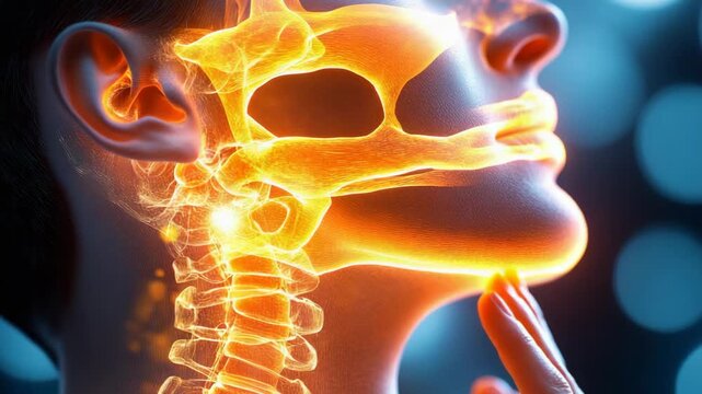 selective focus sore throat concept highlighted by luminous neck area and swelling