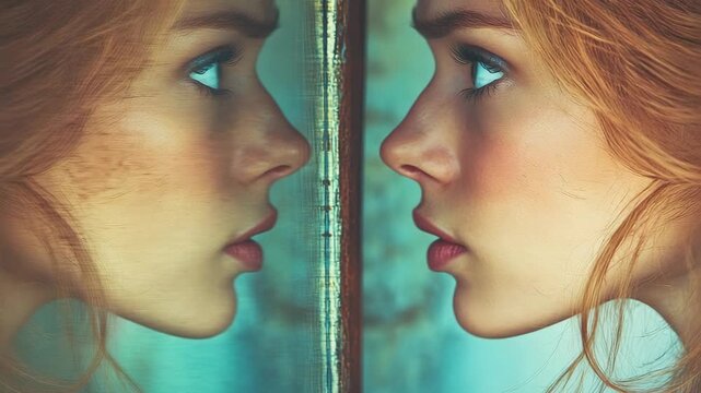 selective focus teenager looking at mirror with uncertain reflection and doubt