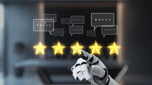 A robotic hand reaches toward a digital five-star rating, positioned against a contemporary interior. Speech bubbles and feedback icons enhance the futuristic communication theme. Auvana