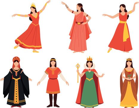 Traditional and royal women vector set with cultural dresses dancing poses and queen characters illustration collection