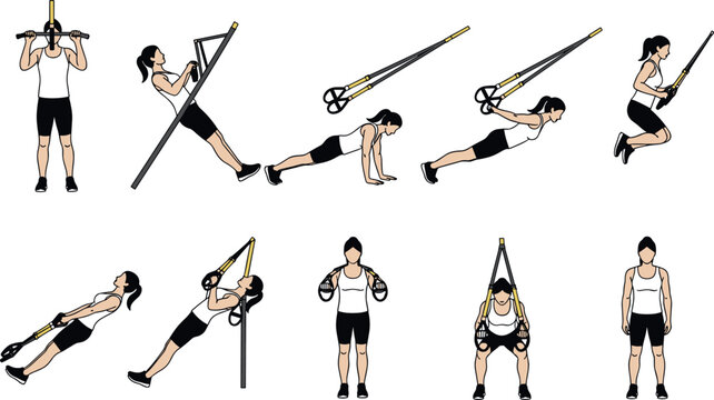 Suspension training exercises set with straps full body workout routine fitness gym vector illustration isolated collection