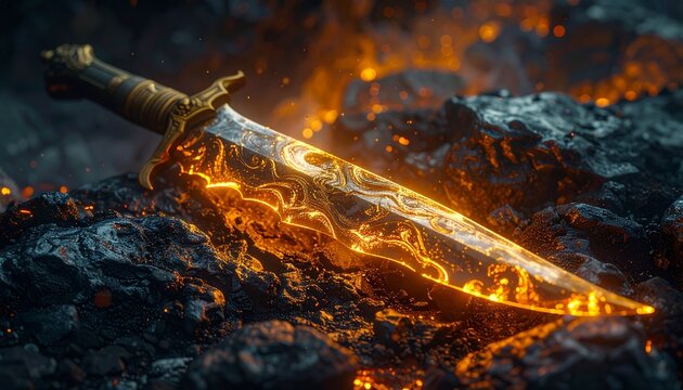 Epic fantasy action photography of a brightly glowing magical golden sword striking a dark stone anvil with flying fire sparks.