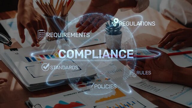 A dynamic office scene showcasing a team discussing compliance concepts, including requirements, regulations, and standards, paired with data visualization elements. Raster