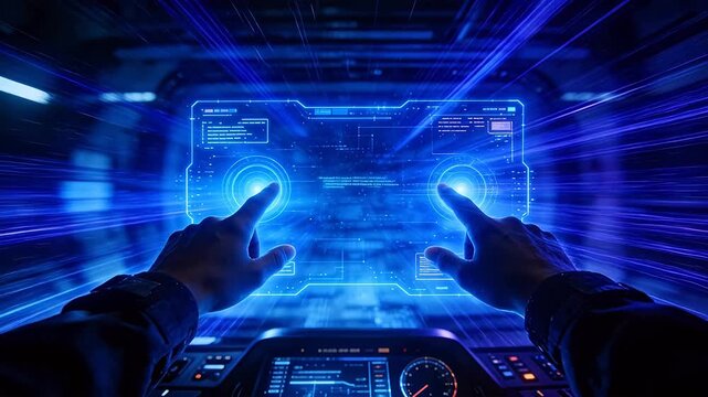 Hands operating holographic interface in futuristic cockpit