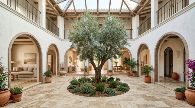 Stunning mediterraneanstyle indoor courtyard with a central olive tree and arched architectural details
