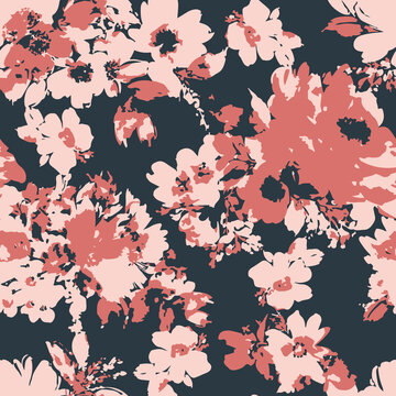 Coral and pink floral pattern illustration on dark navy background with illustration background botanical abstract wallpaper