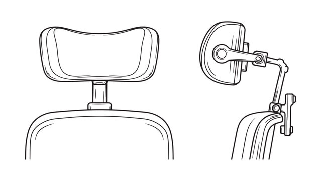 Detailed line art illustration of an adjustable ergonomic headrest for a modern office chair or medical examination table, showing front and side views.