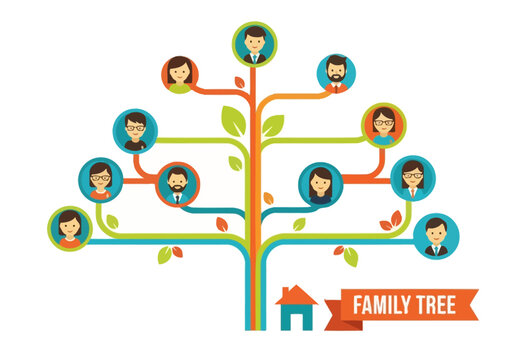 Colorful Family Tree Diagram with People Avatars for Genealogy and Ancestry Research - Flat Vector Illustration for Heritage, Family History, and Multi-generational Connections