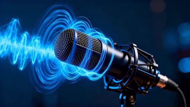 Professional microphone with blue sound waves in dark background
