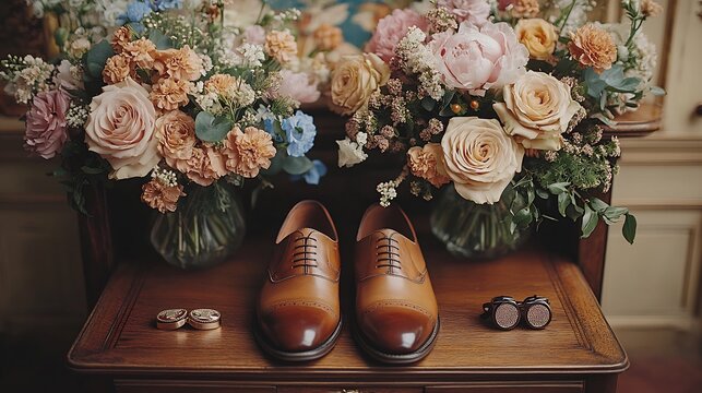 Wedding preparation scene with grooms loafers arranged next to cufflinks a bow tie and floral decorations adding elegance to the special day